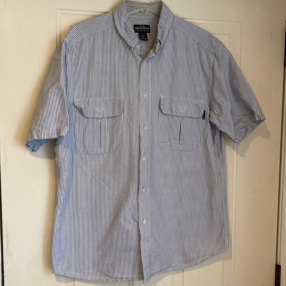 Y2K Woolrich  100% cotton railroad stripe blue / white short sleeve button down